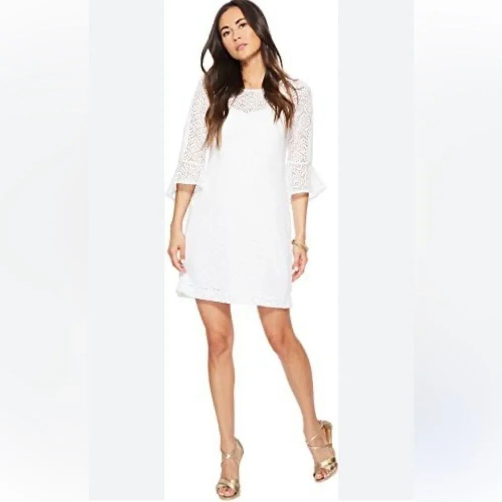 Lilly Pulitzer Fontaine Mini Dress White With Built in‎ Slip and 3/4 Sleeve Sm
